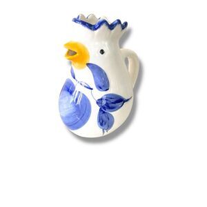 Vintage Rooster Pitcher Creamer Hand Painted Made in Italy Blue White Farmhouse